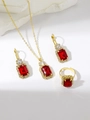 Golden bridal jewelry set with rectangular red gemstones and zircon necklace earrings - Golden Red Rectangle Set (PJ--T0001)