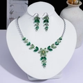 Élégante parure collier et boucles d'oreilles en cristaux marquise verts pour soirée - Couleur Émeraude Fleur Feuille Superposée (PJ--121)