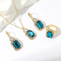 Elegant gold jewelry set with rectangular sapphire blue stones and pavé zircon accents - Golden Dark Blue Rectangle Set (PJ--T0005)