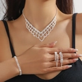 Elegant bridal silver rhinestone jewelry set including V-shaped necklace and drop earrings - Silver Mesh Hollow V-Shaped Tassel Necklace Bracelet Earrings Set (PJ--T0298)