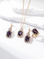 Elegant gold bridal jewelry set with rectangle purple gemstones and zircon accents - Golden Purple Rectangle Set (PJ--T0006)