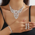 Silver bridal jewelry set with sparkling rhinestones necklace bracelet earrings on model - Silver Tassel Crescent Necklace Bracelet Earrings Set (PJ--T0299)
