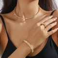 Elegant gold bridal jewelry set with sparkling rhinestones for women, tennis style - Gold Round Diamond Row Necklace Bracelet Ring Set (PJ--T0300--1)