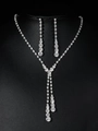 Elegant bridal jewelry set with silver zirconia Y-necklace and long drop earrings on display - Silver Tassel Rhinestone 2-Piece Set (PJ--T0007)