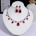 Parure de bijoux élégante en argent avec cristaux rouges en goutte pour les soirées - Goutte d'Eau Strass Pavé (PJ--102)