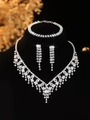 Detail of silver bridal jewelry set with sparkling rhinestones on a black neck bust - Silver Multi-Layer Tassel Necklace Bracelet Earrings Set (PJ--T0212)