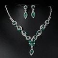 Elegant bridal necklace and earrings set with green and clear zircon stones in silver finish - Silver Green Floral Butterfly 2-Piece Set (PJ--T0010)
