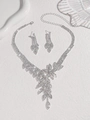 Elegant silver bridal jewelry set with zircon necklace and teardrop earrings for weddings - Silver White Leaf Flower 2-Piece Set (PJ--T0011)