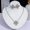 Parure de bijoux fleur argentée avec cristaux roses étincelants et pierres jaunes. - Gemme Jaune Rectangulaire Florale (PJ--107)