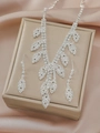 Sparkling silver zircon jewelry set with necklace and earrings on gold satin background - Silver White Leaf Drop 2-Piece Set (PJ--T0014)
