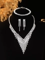 Elegant silver bridal jewelry set with V-shaped rhinestone necklace and tassel earrings - Silver Three Row Tassel Necklace Bracelet Earrings Set (PJ--T0215)
