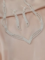 Elegant bridal silver zircon necklace and drop earring set on champagne silk fabric - Silver White V-shape Tassel 2-Piece Set (PJ--T0015)