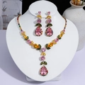 Élégante parure de bijoux en cristal rose avec collier et boucles d'oreilles pour fête - Combo Diamant Rond Goutte d'Eau (PJ--160)