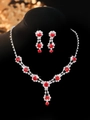 Close-up of elegant silver necklace set with ruby red zircons and sparkling diamonds - Silver Red Flower Cluster Waterdrop Set (PJ--T0020--1)