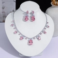 Parure élégante collier argenté et boucles d'oreilles assorties en cristal rose goutte d'eau - Style de Gland Goutte d'Eau Rose en V (PJ--179)