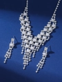 Elegant bridal silver-colored jewelry set with V-shaped pearl and rhinestone tassels - Silver Artificial Pearl Tassel Set (PJ--T0023)