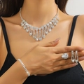 Luxury bridal rhinestone jewelry set with tassel necklace and silver crystal accessories - Silver Multi-Layer Tassel Water Drop Diamond Necklace Bracelet Earrings Ring Set (PJ--T0228)