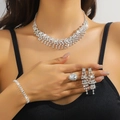 Elegant 4-piece silver jewelry set with crystal tassels for bridal and evening wear - Silver Tassel Water Drop Necklace Bracelet Earrings Ring Set (PJ--T0229)