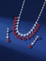 Elegant silver necklace and earrings set with red teardrop stones and white cubic zirconia - Silver Red Waterdrop Tassel Set (PJ--T0026)