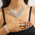 Sparkling silver bridal jewelry set with rhinestone necklace, bracelet and earrings - Silver Wide V-Shaped Tassel Necklace Bracelet Earrings Ring Set (PJ--T0230)