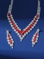 Sparkling silver necklace and earrings set with red stones and clear crystals - Silver Red Geometric Hollow Out Set (PJ--T0027)