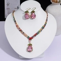 Parure de bijoux rose élégante en forme de poire avec des cristaux colorés pour soirées - Style Goutte d'Eau Pavé Multicolore (PJ--161)