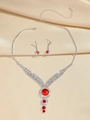 Silver bridal jewelry set featuring vibrant red round zircon necklace and drop earrings - Silver Red Round Diamond V-shape Set (PJ--T0022)
