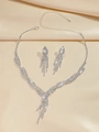 Silver bridal jewelry set with sparkling zircon tassel necklace and matching drop earrings - Silver Pave Diamond Tassel Set (PJ--T0034)