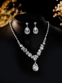 Detailed view of luxury bridal zircon necklace and teardrop earrings jewelry set - Silver Waterdrop Pendant Set (PJ--T0035)