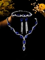 Detailed close-up of luxury bridal jewelry set with blue marquise stones and crystals - Silver Dark Blue Tassel Three-piece Set (PJ--T0036--4)
