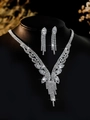 Detailed view of silver zircon necklace and earring set on a black mannequin - Silver White V-Shaped Tassel Set (PJ--T0039)