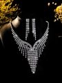 Close-up of sparkling bridal jewelry set with crystal fringe necklace and drop earrings - Silver White Long Tassel Set (PJ--T0040)
