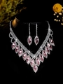 Elegant bridal jewelry set with pink marquise crystals and rhinestones in silver finish - Silver Pink Marquise Cut Set (PJ--T0047--6)
