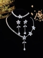 Silver bridal jewelry set featuring zircon flower necklace and long fringe earrings - Silver Five-Petal Flower Tassel Set (PJ--T0056)