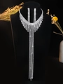 Elegant silver tassel zircon necklace and earrings set for wedding and evening events - Silver Colorful Diamond Tassel Set (PJ--T0058)