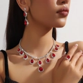 Elegant bridal jewelry set with tear-drop red zircon necklace and matching earrings - Silver Red Waterdrop Three-Piece Set (PJ--T0063--1)