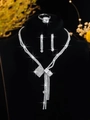 Silver bridal jewelry set with bowknot tassel necklace earrings and ring in white zircon - Silver Bowknot Tassel Four-Piece Set (PJ--T0070)