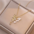 Detailed view of an elegant butterfly necklace with white enamel and sparkling zircon drop - Gold Butterfly Necklace