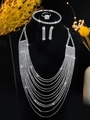 Elegant bridal jewelry set with silver fringe zircon necklace, bracelet, ring and earrings - Silver Wide Tassel Four-Piece Set (PJ--T0073)