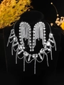 Luxury silver-toned bridal jewelry set with zircon necklace and long fringe earrings - Rectangular Pear-Shaped Tassel Set (PJ--T0077) / Silver