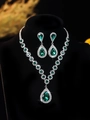 Luxurious silver jewelry set with pear-shaped emerald green zircons and crystal accents - Dark Green Pear Rhinestone Set (PJ--T0080--3) / Dark Green