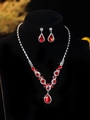 Silver bridal jewelry set with V-shaped necklace and red pear-cut zircon earrings - Red Pear-Shaped Set (PJ--T0083--1) / Red