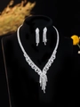 Luxurious silver bridal jewelry set with sparkling V-shaped zircon necklace and earrings - Luxury V-Shape Tassel Set (PJ--T0085) / Silver