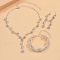 Silver bridal jewelry set featuring V-shaped zircon necklace, bracelet and long earrings - Interwoven Design 3-Piece Set (PJ--T0088) / Silver