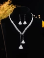 Elegant bridal jewelry set featuring silver necklace and drop earrings with black accents - Triangle Y-Shape Set (PJ--T0091--2) / Black Silver