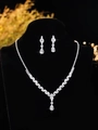 Elegant silver-toned bridal jewelry set featuring zircon V-shaped necklace and teardrop earrings - Silver V-Shaped Waterdrop Necklace and Earrings Set (PJ--T0095)