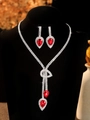 Elegant silver-tone jewelry set with water-drop red zircon pendant and earrings - Silver & Red Pear-Cut Jewelry Set (PJ--T0096--6)