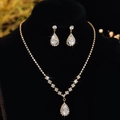 Elegant bridal gold jewelry set featuring teardrop zircon necklace and matching earrings - Gold Waterdrop Zirconia Jewelry Set (PJ--T0098--1)