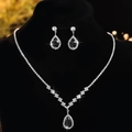 Elegant bridal jewelry set featuring black teardrop stones and silver zircon necklace and earrings - Silver & Black Waterdrop Jewelry Set (PJ--T0098--3)