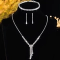 Elegant silver bridal jewelry set with zircon tassel necklace, bracelet and long earrings - Silver Tassel Zirconia Jewelry 3-Piece Set (PJ--T0099--1)
